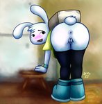 anthro anus bent_over blush boots butt clock clothing embarrassed female footwear genitals legwear pussy shirt shoes solo thigh_highs topwear watch yiffnotgif adventure_time cartoon_network y5_(adventure_time) lagomorph leporid mammal rabbit