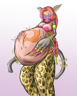 2_tails accessory animal_ears animal_print belly big_belly big_breasts bottomwear braided_hair breasts claw_ring claws clothing crown dark_body dark_skin ear_piercing ear_ring female female_pred fur furgonomics grey_body grey_fur hair hand_on_belly harem_jewelry harem_outfit harem_pants headgear human_prey humanoid_pred jewelry leopard_print long_hair markings multi_tail navel necklace oral_vore pants piercing print_bottomwear print_clothing print_pants red_hair ring ring_piercing spots spotted_body spotted_fur tail tail_accessory tail_jewelry tail_ring tiara vore yellow_bottomwear yellow_clothing yellow_pants zelknotos bandai_namco digimon beastmon digimon_(species) felid feline human humanoid mammal