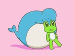 anthro belly big_belly blue_body duo green_body huge_belly inflation pink_background simple_background kizitoba amphibian cetacean dolphin frog mammal marine toothed_whale 2016 4:3