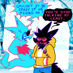 :d annoyed anthro black_body black_fur blue_body blush bottomwear clothing computer_virus_(program) dialogue duo floating frown fur gloves handwear hoodie kiss_request male male/male neck_tuft open_mouth pants photo_background smile speech_bubble tail teeth topwear tuft pawplants ceemore veecee digital_creature void_fluff 2024 digital_media_(artwork) hi_res photography_(artwork)