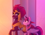 armor black_eyeliner blue_eyes broken_horn duo eyeliner female feral fur galea hair headgear helmet horn makeup purple_body purple_eyes purple_fur purple_hair purple_tail smile tail thewandie friendship_is_magic hasbro my_little_pony my_little_pony:_the_movie_(2017) mythology tempest_shadow_(mlp) twilight_sparkle_(mlp) equid equine hybrid mammal mythological_creature mythological_equine unicorn