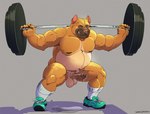 anthro balls barbell belly biceps bodily_fluids clothing cum erection exercise footwear foreskin genital_fluids genitals grey_background humanoid_genitalia humanoid_penis looking_at_viewer male musclegut muscular muscular_anthro muscular_male navel nipples nude overweight overweight_anthro overweight_male pecs penis shoes simple_background smile socks solo squats sweat weightlifting workout conditional_dnp sinibun_95 pj_(pittiepj) canid canine canis domestic_dog mammal pit_bull 2021 hi_res