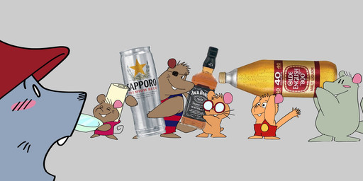alcohol beer beverage chibi clothed clothing eye_patch eyes_closed eyewear glasses group hat headgear headwear micro open_mouth surprised zigzakk gamba_no_bouken gamba_no_bouken_(series) jack_daniel's miller_brewing_company olde_english_800 sapporo bobo_(gamba_no_bouken) chuuta gakusha ganba shijin yoisho mammal mouse murid murine rodent 2025 hi_res