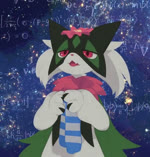 ambiguous_gender anthro biped blinking cosmic_background detailed_background flesh_fang flower front_view fur green_body green_fur holding_scarf math multicolored_body open_mouth paws pink_body pink_nose plant red_eyes solo nagasaki_wonderful_polyester nintendo pokemon generation_9_pokemon meowscarada pokemon_(species) animated no_sound short_playtime webm