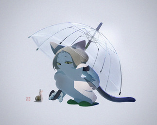 anthro black_tail bottomwear clothed clothing crouching female feral footwear fur green_slippers shoes simple_background slippers solo tail topwear umbrella white_body white_fur fu_go_fu_go felid feline felis gastropod mammal mollusk snail hi_res