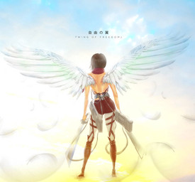 black_hair boots bottomwear brown_boots brown_bottomwear brown_clothing brown_footwear brown_skirt clothing cloud feathered_wings feathers female footwear hair melee_weapon omni-directional_mobility_gear pale_skin pants red_scarf scarf shoes skirt solo straps sword text weapon white_bottomwear white_clothing white_pants white_wings wings lovelyfairy28 attack_on_titan mikasa_ackerman humanoid winged_humanoid 2019 english_text japanese_text