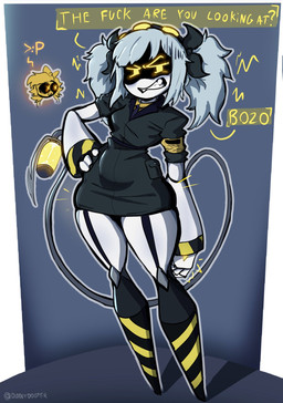 >:p accessory ambiguous_fluids angry armband belly black_clothing black_legwear black_sclera blade bottomwear bow_ribbon breasts clenched_teeth clothing container earless emphasis_lines fangs female footwear frown garter_straps glaring glass glass_container glowing glowing_eyes grey_hair hair hand_on_hip hazard_stripes headband insult knee_highs knee_socks knife leg_markings legwear looking_at_viewer machine markings necktie noseless pencil_skirt pigtails pointed_feet profanity question_mark screen screen_face sharp_teeth short_hair skirt slightly_chubby small_breasts socks socks_(marking) solo stinger stinger_tail suit suit_jacket tail teeth thick_thighs threatening twintails_(hairstyle) unusual_anatomy upset weapon weapon_tail white_hair wide_hips x_eyes yellow_armband yellow_eyes diddlydooter1 glitch_productions murder_drones background_character cyn_(murder_drones) j_(murder_drones) tessa_(murder_drones) disassembly_drone eldritch_abomination human humanoid mammal patchwork_creature robot robot_humanoid undead worker_drone zombie hi_res