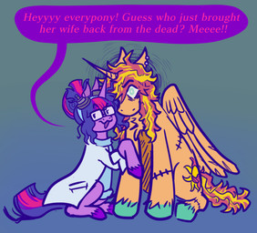 clothing coat duo eyewear female feral fetlocks glasses hooves horn lab_coat simple_background smile text topwear wings dapper_lil_arts equestria_girls friendship_is_magic hasbro my_little_pony mythology sunset_shimmer_(eg) twilight_sparkle_(mlp) equid equine mammal mythological_creature mythological_equine undead winged_unicorn zombie english_text hi_res