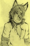 anthro clothed clothing collar male shirt simple_background smile solo topwear yellow_background daisukedog fleeks_(character) canid canine fox mammal 2010 low_res monochrome sepia sketch traditional_media_(artwork) yellow_theme