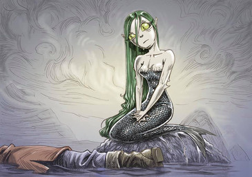 ambiguous_gender boots bottomwear breasts clothing death duo female fin footwear green_hair hair long_hair looking_down membrane_(anatomy) not_furry nude on_rock outside pants pupils rock scales shoes sitting slit_pupils split_form webbed_hands stefan_fjeldmark aquatic humanoid merfolk 2021