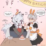 anthro blush cake canid canine canis clothed clothing crossdressing dessert duo english_text feeding food fur grey_hair hair harness hi_res human leather leather_harness maid_uniform male male/male mammal mihoyo text uniform von_lycaon white_body white_fur wise_(zenless_zone_zero) wolf yammyyml zenless_zone_zero