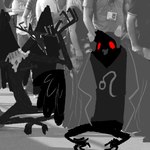 black_body black_fur clothing fur horn long_finger long_toes open_mouth red_sclera shirt t-shirt topwear mothmandaily american_mythology homestuck indigenous_north_american_mythology ms_paint_adventures mythology north_american_mythology mothman wendigo 1:1 2015 hi_res monochrome