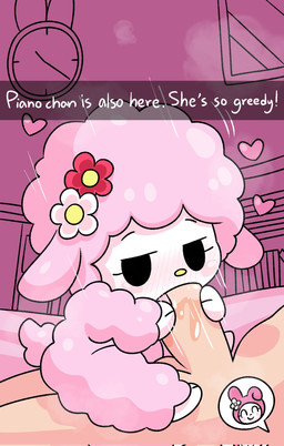 anthro balls bedroom_eyes being_photographed black_eyes blush blush_lines bodily_fluids bookshelf breath caption chibi clock deep_throat duo emanata feet fellatio female floppy_ears flower fur furniture genitals heart_symbol holding_penis looking_at_viewer male male/female motion_lines musk narrowed_eyes oral oral_penetration penetration penile penis penis_in_mouth pink_background pink_body pink_ears pink_fur pink_tail plant saliva seductive sex simple_background size_difference smaller_female speech_bubble stated_pronouns tail text white_face white_feet white_text window wool_(fur) yellow_nose surjang sanrio my_sweet_piano bovid caprine human mammal sheep 2025 colored digital_drawing_(artwork) digital_media_(artwork) english_text hi_res