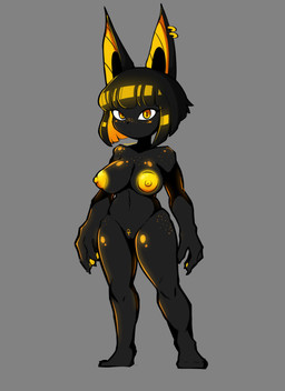 ankh ankh_marking ankh_tattoo anthro areola big_ears black_body black_hair blonde_hair blush bob_cut breasts ear_piercing female genitals glistening glistening_body glistening_skin glowing glowing_markings glowing_nipples gold_piercing grey_background hair looking_at_viewer markings medium_breasts multicolored_body navel nipples nude piercing pointy_ears presenting presenting_breasts ring_piercing short simple_background solo text vulva yellow_areola yellow_blush yellow_body yellow_eyes yellow_text gdseraphim ashet_(gdseraphim) domestic_cat felid feline felis mammal absurd_res hi_res shaded watermark