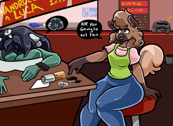 1_eye anthro anthrofied big_breasts blue_hair blush breasts brown_body chopsticks clothed clothing detailed_background duo eating eyeshadow female female/female fingers food fur hair huge_breasts makeup not_furry open_mouth smile sushi text thick_thighs tongue kiss_the_carrot nintendo pokemon koi_(kiss_the_carrot) malpo_(kiss_the_carrot) petra_(kiss_the_carrot) canid canine canis cyclops domestic_dog generation_1_pokemon generation_4_pokemon generation_7_pokemon ghost magnemite mammal mismagius pokemon_(species) rockruff spirit digital_media_(artwork) english_text shaded