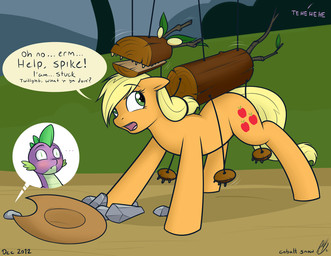 blonde_hair blush clothing confusion cowboy_hat cutie_mark dialogue duo female feral green_eyes hair hat headgear headwear male puppet quadruped rock solo_focus tail text wood cobalt_snow conditional_dnp friendship_is_magic hasbro my_little_pony mythology applejack_(mlp) spike_(mlp) dragon earth_pony equid equine horse mammal mythological_creature mythological_scalie pony scalie timberwolf_(mlp) digital_media_(artwork) english_text
