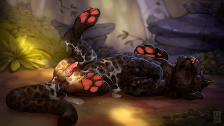 4_toes afterglow animal_genitalia animal_penis anus balls black_body black_fur bodily_fluids cum cum_in_ass cum_inside cum_on_belly cum_on_body cum_on_ground cum_on_own_belly cum_on_own_penis cum_on_penis cum_on_self day detailed_background erection eyes_closed feet feline_genitalia feline_penis feral fur genital_fluids genitals leaking_cum lying male markings melanistic on_back outside pawpads penis pink_pawpads solo spots spotted_body spotted_fur toes anchee jumwo felid leopard mammal pantherine 16:9 2021 digital_media_(artwork) shaded widescreen