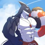 anthro clothed clothing cloud jewelry male muscular muscular_anthro muscular_male necklace outside pool_tube solo standing swimming_trunks swimwear topless sora_png cetacean dolphin mammal marine oceanic_dolphin orca toothed_whale hi_res