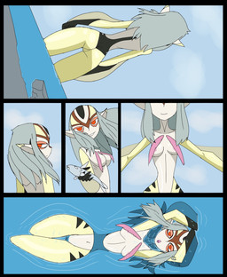 areola arm_fin barely_visible_nipples biped breasts close-up facial_markings female female_humanoid fin forehead_mark forehead_markings genitals grey_hair hair half-closed_eyes head_markings holding_fish humanoid_genitalia humanoid_vulva innie_vulva looking_at_viewer lying markings multicolored_body multicolored_skin multiple_shots narrowed_eyes nipples not_furry offering_to_viewer on_back open_mouth partially_submerged pointy_ears red_eyes rock sea smile solo spread_arms suggestive turning_around vulva water heavy147 blue_submarine_no._6 mutio animal_humanoid aquatic aquatic_humanoid fish fish_humanoid humanoid comic hi_res