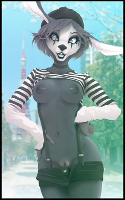 anthro black_border blue_eyes blue_tongue border breasts clitoris clothing costume female genitals holidays japan mime nude solo tokyo tongue vulva thedandelion halloween dandelion_(character) pantomime deer mammal absurd_res cover hi_res