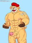 abs anthro balls biceps clothing erection fur genitals glans gloves handwear hat headgear headwear male muscular muscular_male nipples orange_body orange_fur penis solo tattoo vein veiny_penis liukky cuphead_(game) fighter_pilot_bulldog canid canine canis domestic_dog mammal pit_bull 3:4