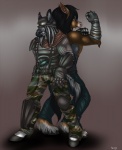 anthro armor belt berserker blaze_(marking) clothing duo eyewear facial_markings fatigues gloves goggles handwear head_markings hooves kerchief male markings military soldier stripes vault_hunters warrior white_markings ship-wreck 2k_games borderlands blancmark brick_(borderlands) haefen mordecai_(borderlands) clydesdale draft_horse equid equine horse mammal zebra hi_res