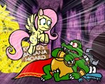 anthro banana bloodshot_eyes cape captainquack64 cave clothing crossover cutie_mark donkey_kong_(series) equid equine eye_contact fluttershy_(mlp) food friendship_is_magic fruit group hair hasbro hi_res king_k._rool kremling looking_at_another male mammal my_little_pony mythological_creature mythological_equine mythology nintendo pegasus pink_hair plant scalie wings