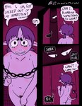 ambiguous_gender blush bodily_fluids breasts butt chain convenient_censorship covering covering_self dialogue door female hair horn living_tail navel not_furry nude pubes purple_body purple_hair rear_view spade_tail speech_bubble sweat tail tears teeth unusual_anatomy unusual_tail d-monomicon margot_and_tail_(d-monomicon) demon humanoid hi_res