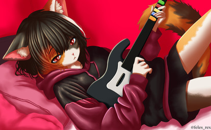 anthro bed black_hair bottomwear clothing controller female furniture game_controller guitar_controller hair hoodie looking_at_viewer lying multicolored_body on_back red_eyes skirt solo topwear toy rex_feles guitar_hero courtney_(rex_feles) calico_cat domestic_cat felid feline felis mammal absurd_res hi_res