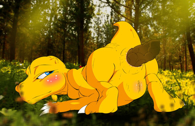 all_fours anus biped blinking blue_eyes blush butt claws crowning_feces fart feces feces_in_ass forest forest_background looking_at_another looking_back male nude plant presenting presenting_feces presenting_hindquarters scales scatplay short_tail solo tail tail_motion tree yellow_body yellow_scales thecapedmanlloyd bandai_namco digimon agumon digimon_(species) animated