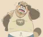 anthro blush brown_body brown_fur clothing eyes_closed fur kemono male overweight overweight_male shirt simple_background solo topwear garouzuki crave_saga pong_(crave_saga) canid canine mammal raccoon_dog tanuki 2023 hi_res