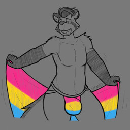 anthro bottomwear bulge clothed clothing clothing_aside detailed_bulge flag jockstrap jockstrap_aside lgbt_pride male male_anthro markings pansexual pansexual_pride_colors pride_color_clothing pride_color_flag pride_colors simple_background solo tail underwear underwear_aside wintermadness canid canine mammal raccoon_dog tanuki 2026 hi_res