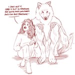 anthro aws clothed clothing duo female fur hair listening long_hair male open_mouth simple_background sitting size_difference speech_bubble tail tail_motion tailwag text white_background snowandmonsters mythology canid canine human mammal mythological_canine mythological_creature werecanid werecanine werecreature werewolf 1:1 absurd_res english_text hi_res monochrome
