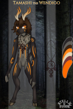 anthro antlers brown_hair chest_tuft color_swatch dreamcatcher facial_markings fingerless_(marking) fur grey_body grey_fur grey_tail hair head_markings hooves horn jewelry male markings multicolored_body necklace orange_antlers orange_eyes orange_markings photo_background scut_tail short_tail solo striped_markings stripes tail text three-quarter_view tuft two_tone_antlers two_tone_tail unguligrade white_antlers stellaamoris american_mythology indigenous_north_american_mythology mythology north_american_mythology tamashi_(stellaamoris) wendigo absurd_res alternate_version_at_source character_name digital_media_(artwork) digital_painting_(artwork) english_text full-length_portrait hi_res mixed_media model_sheet painting_(artwork) photography_(artwork) portrait species_name