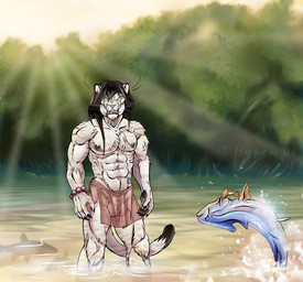 abs animal_genitalia anthro armor balls copyright_symbol fully_sheathed genitals glowing glowing_eyes lake looking_at_viewer male muscular muscular_anthro muscular_male outside plant sheath solo symbol tail translucent tree unconvincing_armor water wood year charha aquatic felid fish mammal 2008 watermark