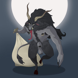 abstract_background animal_genitalia anthro bag ball_tuft balls black_hair bodily_fluids body_hair chest_hair dragging_object fingernails fur genitals grey_body grey_fur hair hairy happy_trail holidays hooves horn male moon nails nipple_piercing nipples pecs peeking_penis piercing saggy_balls saliva sheath simple_background solo tail tongue tuft unguligrade walking fructosed christmas krampus bovid caprine caprine_demon demon goat goat_demon mammal 1:1 2024 hi_res