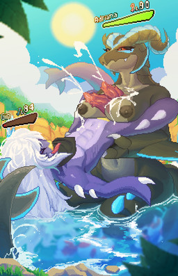 2_penises areola breast_play breasts detailed_background dominant dominant_female duo ejaculation female gameplay_mechanics genitals gui health_bar kerchief lake legs_in_water male male/female multi_genitalia multi_penis penis sex submissive submissive_male sun titfuck tongue tongue_out unkokat mythology nintendo pokemon gin_(silverzero) dragon garchomp generation_1_pokemon generation_4_pokemon generation_5_pokemon goldeen hybrid legendary_pokemon mythological_creature mythological_scalie pokemon_(species) reshiram scalie zekrom digital_media_(artwork) hi_res pixel_(artwork)
