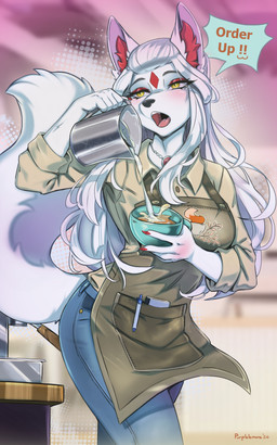 5_fingers anthro barista biped bottomwear breasts claws clothed clothed_anthro clothed_female clothing dialogue eyebrows eyelashes female fingers front_view fully_clothed fully_clothed_anthro fully_clothed_female fur hair holding_object inner_ear_fluff jewelry long_hair necklace open_mouth pants red_inner_ear_fluff simple_background solo speech_bubble standing tail teeth text tongue topwear tuft white_body white_fur white_hair yellow_eyes purplelemons satomi_(purplelemons) canid canine fox mammal 2026 5:8 digital_drawing_(artwork) digital_media_(artwork) english_text hi_res