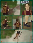 absurd_res backpack clothed clothing comic digital_media_(artwork) english_text falling forest hair hi_res hiking human human_only male mammal not_furry outside plant pre-transformation river rosycoyote solo text thought_bubble tree water