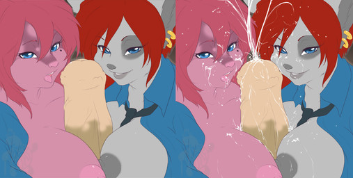 accessory anthro big_breasts blue_eyes bodily_fluids breast_play breast_squish breasts breasts_frottage close_nipples clothed clothing collaborative collaborative_sex collaborative_titfuck cum cum_on_breasts cum_on_face duo_focus ear_piercing erection female fur genital_fluids genitals grey_body grey_fur group hair huge_breasts looking_at_viewer male male/female markings mole_(marking) necktie nipples open_mouth penis piercing pink_body pink_fur pink_hair red_hair sex smile squish teamwork titfuck version_comparison deskai madturtle canid canine felid mammal multiple_images