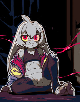 anthro barbie_doll_anatomy bottomless bra casual_exposure claws clothed clothing featureless_crotch female flat_chested floppy_ears fur fur_tuft grey_body grey_fur grey_hair hair legwear lop_ears midriff navel off_shoulder red_eyes solo sports_bra spread_legs spreading thigh_highs tuft underwear polygoncherub clover_(polygoncherub) lagomorph leporid mammal rabbit robot_anthro hi_res