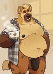 anthro areola balls bedroom_eyes belly beverage big_balls big_belly big_moobs big_penis bottomless bottomless_anthro bottomless_male claws clothed clothing coffee_mug container cup ear_piercing ear_ring eyebrows flaccid foreskin fur genitals hair hand_on_belly holding_beverage holding_container holding_cup holding_mug holding_object humanoid_genitalia humanoid_penis industrial_piercing inside looking_at_viewer male moobs mug narrowed_eyes navel nipples open_clothing open_mouth open_robe open_smile overweight overweight_anthro overweight_male penis piercing ring_piercing robe saggy_balls seductive simple_background smile solo standing steam teeth thick_penis thick_thighs three-quarter_view tuft haps remidragon hyena mammal spotted_hyena 2024 absurd_res digital_media_(artwork) hi_res portrait signature three-quarter_portrait