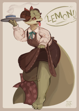 anthro apron apron_lift barefoot clothed clothing clothing_lift feet female green_body holding_object holding_plate open_mouth plate simple_background solo steam tongue tongue_out conditional_dnp tohupo lemon_(tohupo) kobold scalie 2024 absurd_res dated digital_media_(artwork) hi_res signature