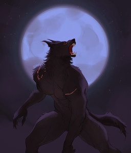 anthro bite_mark black_body black_fur claws cloud digitigrade full_moon fur glowing glowing_eyes male moon naturally_censored night no_pupils nude open_mouth orange_eyes scar sharp_teeth solo star teeth esaari mythology canid canine mammal mythological_canine mythological_creature werecanid werecanine werecreature werewolf hi_res
