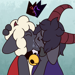 anthro bodily_fluids duo horn kissing male male/male saliva side_view simple_background max_draws cult_of_the_lamb massive_monster_(studio) yoshi_and_toad_kissing goat_(cult_of_the_lamb) lamb_(cult_of_the_lamb) purple_crown_(cult_of_the_lamb) red_crown_(cult_of_the_lamb) bovid caprine goat mammal sheep 1:1 absurd_res hi_res meme