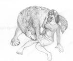 anthro arania bottomwear breast_expansion breasts canid canine canis claws clothing duo expansion female feral human humanoid_pointy_ears male mammal monochrome mythological_canine mythological_creature mythology open_mouth sketch skirt smile spread_legs spreading transformation were werecanid werecanine werewolf wolf