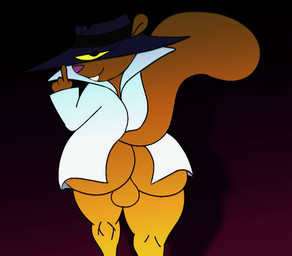 anthro backsack backwards_clothing balls big_tail brown_body buckteeth butt butt_focus clothed clothing coat facing_away_from_viewer fedora genitals half_naked hat headgear headwear jacket looking_at_viewer looking_back looking_back_at_viewer male shadow side_view solo tail teeth topwear trenchcoat white_clothing alexis_wasilla hanna-barbera secret_squirrel_show secret_squirrel mammal rodent sciurid tree_squirrel digital_media_(artwork) firealpaca_(artwork) paint.net_(artwork)