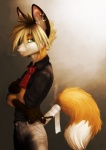 anthro bandage blonde_hair cigar cigarillo clothed clothing dipstick_tail green_eyes hair looking_at_viewer male markings necktie piercing short_hair smoke solo tail tail_markings sneakerfox black_and_mild canid canine fox mammal hi_res