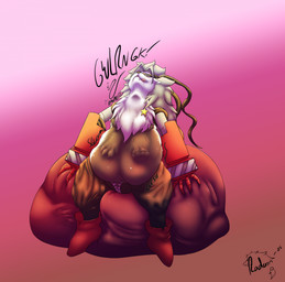 anthro belly belly_expansion belt big_belly bottomwear breasts clothing cybernetic_arm cybernetic_limb duo expansion featureless_breasts female fur grey_body grey_fur grey_hair hair mask mechanical_arm multicolored_body multicolored_fur neck_tuft pants sitting sound_effects star swallowing teeth text tongue tuft two_tone_body two_tone_fur vore white_body white_fur zipper radarn_(artist) bandai_namco digimon rai_(radarn) canid canine digimon_(species) fox mammal wolvermon 2025 english_text hi_res line_art monochrome