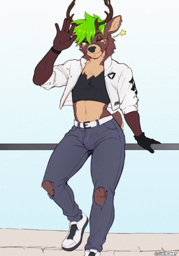 anthro antlers bottomwear brown_body brown_fur bulge chest_tuft clothed clothing crop_top crotch_lines denim denim_bottomwear denim_clothing ear_piercing ear_ring footwear freckled_face freckles fur glistening_eyelids green_hair hair half-closed_eyes horn jacket jeans male narrowed_eyes neck_tuft one_eye_closed one_glove open_clothing open_jacket open_topwear pants piercing ring_piercing shirt shoes smile sneakers solo tan_body tan_fur topwear tuft wink lukiro deer mammal hi_res